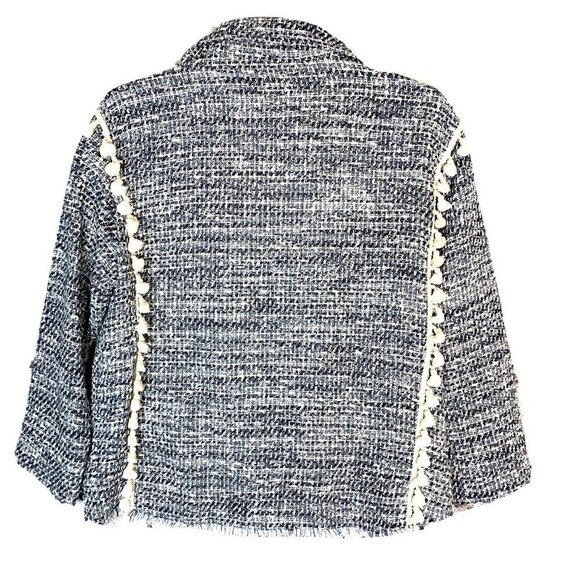 ZARA Oversize Tweed Blue and White Fringe Tassels Blazer Jacket - Picture 7 of 11